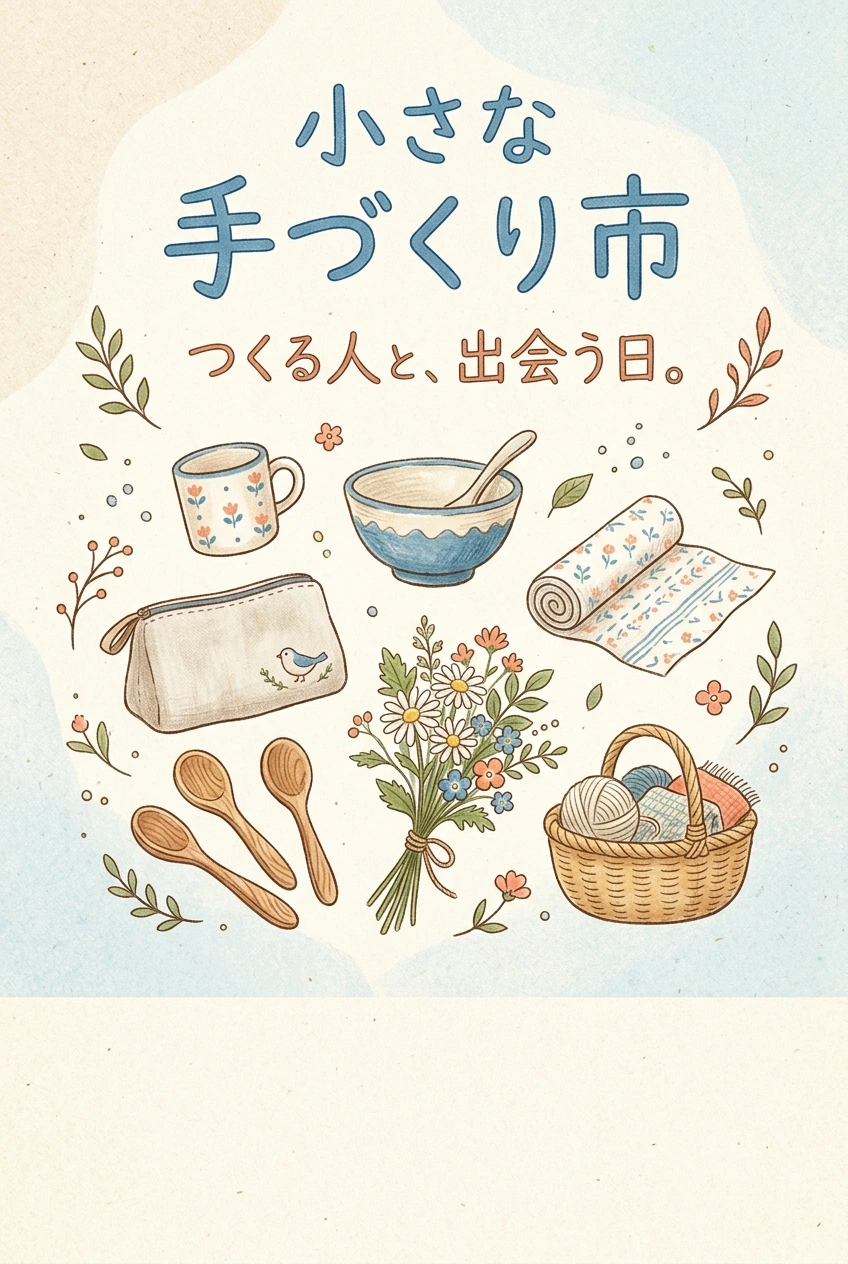 陶器や布小物を描いたハンドメイド市の案内画像作例