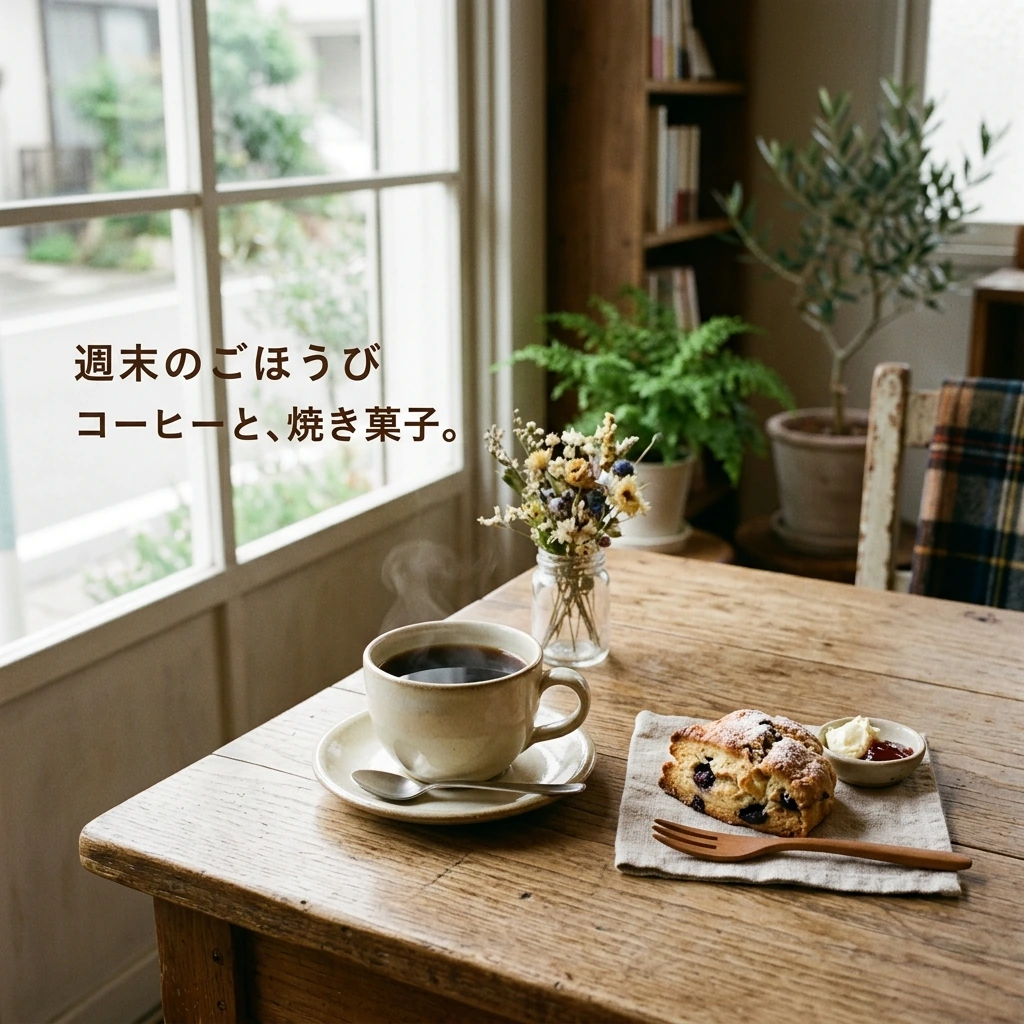 コーヒーとスコーンを写したカフェ告知画像の作例