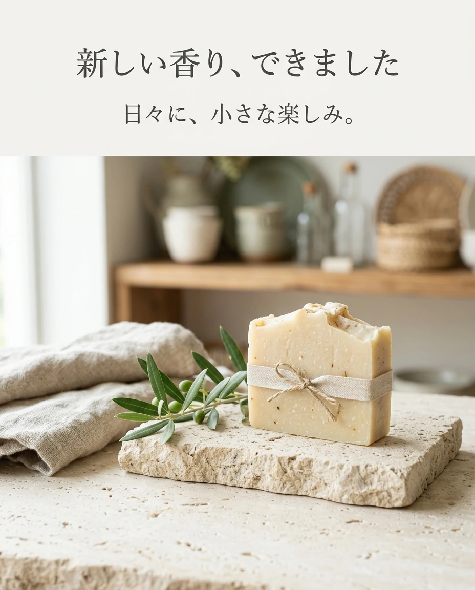 石けんと植物を配置した新商品紹介画像の作例