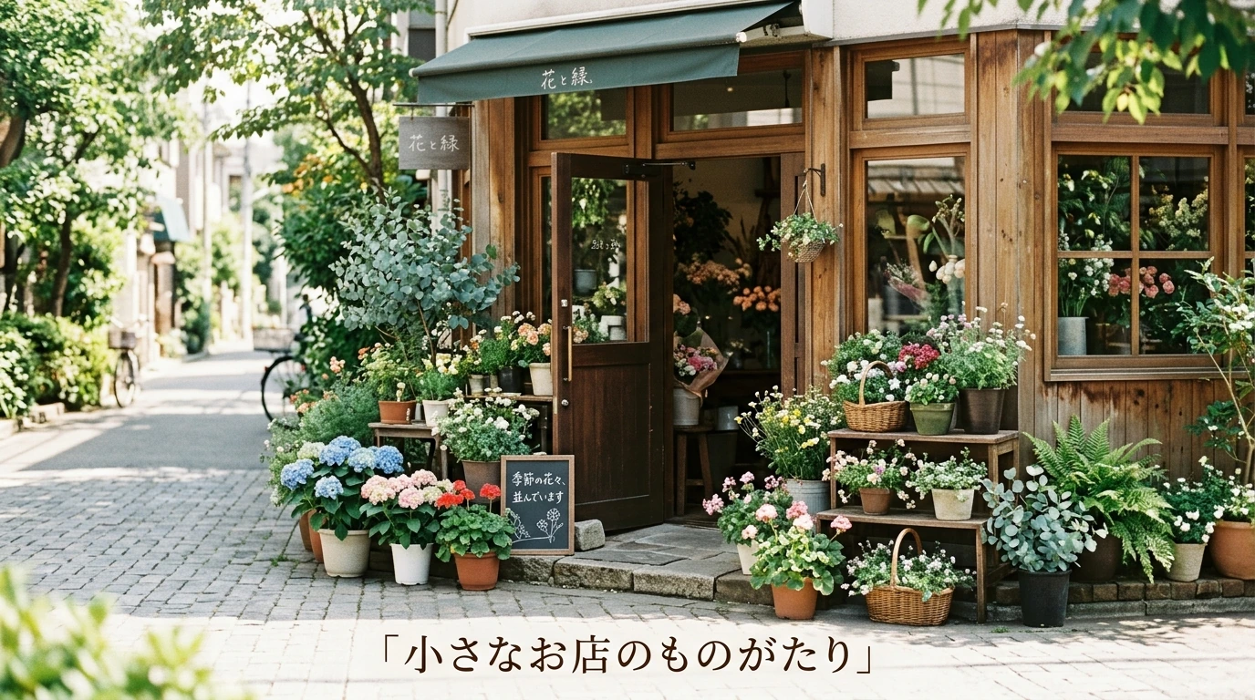 花屋の入口を写した店舗紹介ブログのアイキャッチ作例
