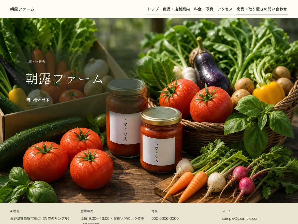 農業・食品生産者向けサンプルサイトの画面