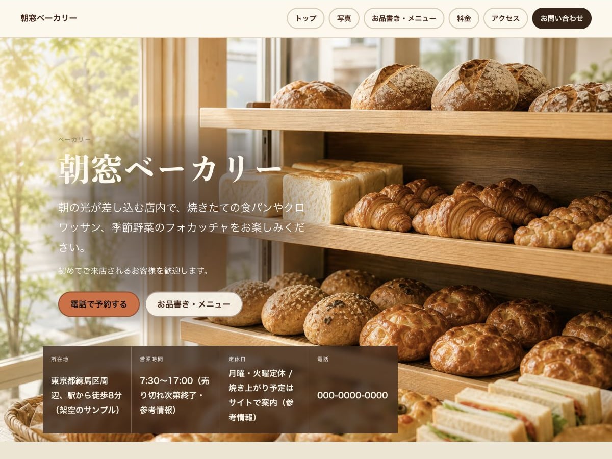 ベーカリー向けホームページの構成とデザインが分かるサンプル画面