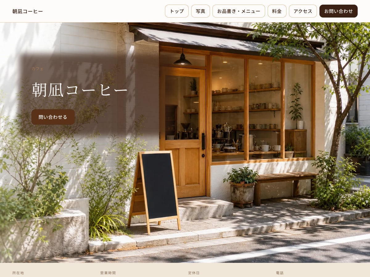 カフェ・コーヒー向けサンプルサイトの画面