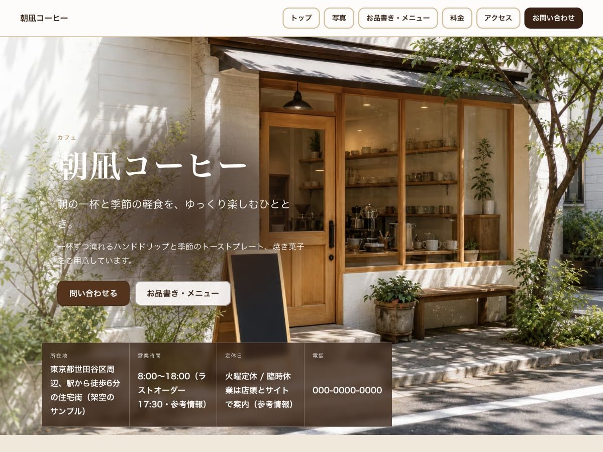 カフェ・コーヒー向けホームページの構成とデザインが分かるサンプル画面