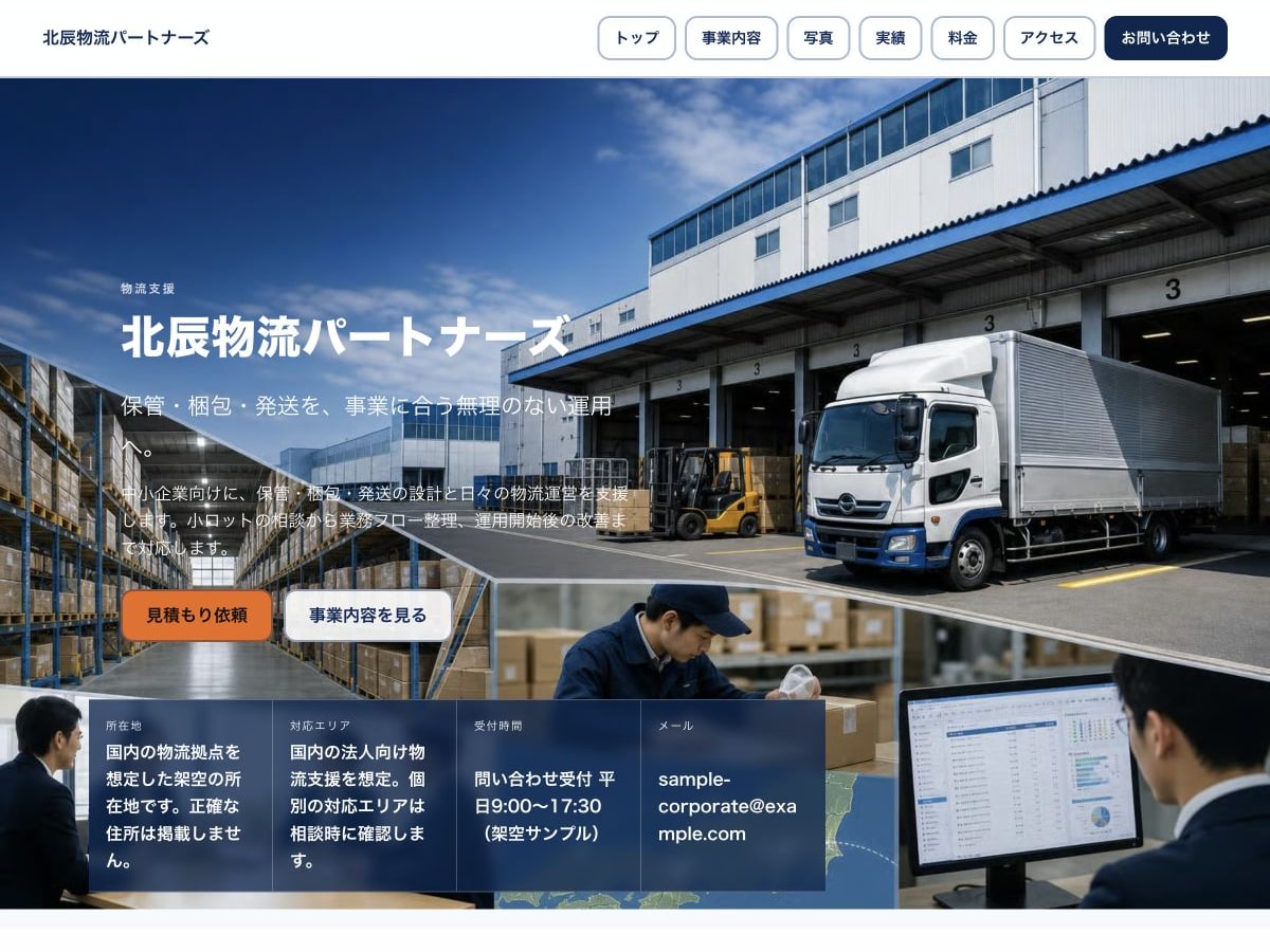 企業サイト・物流向けホームページの構成とデザインが分かるサンプル画面