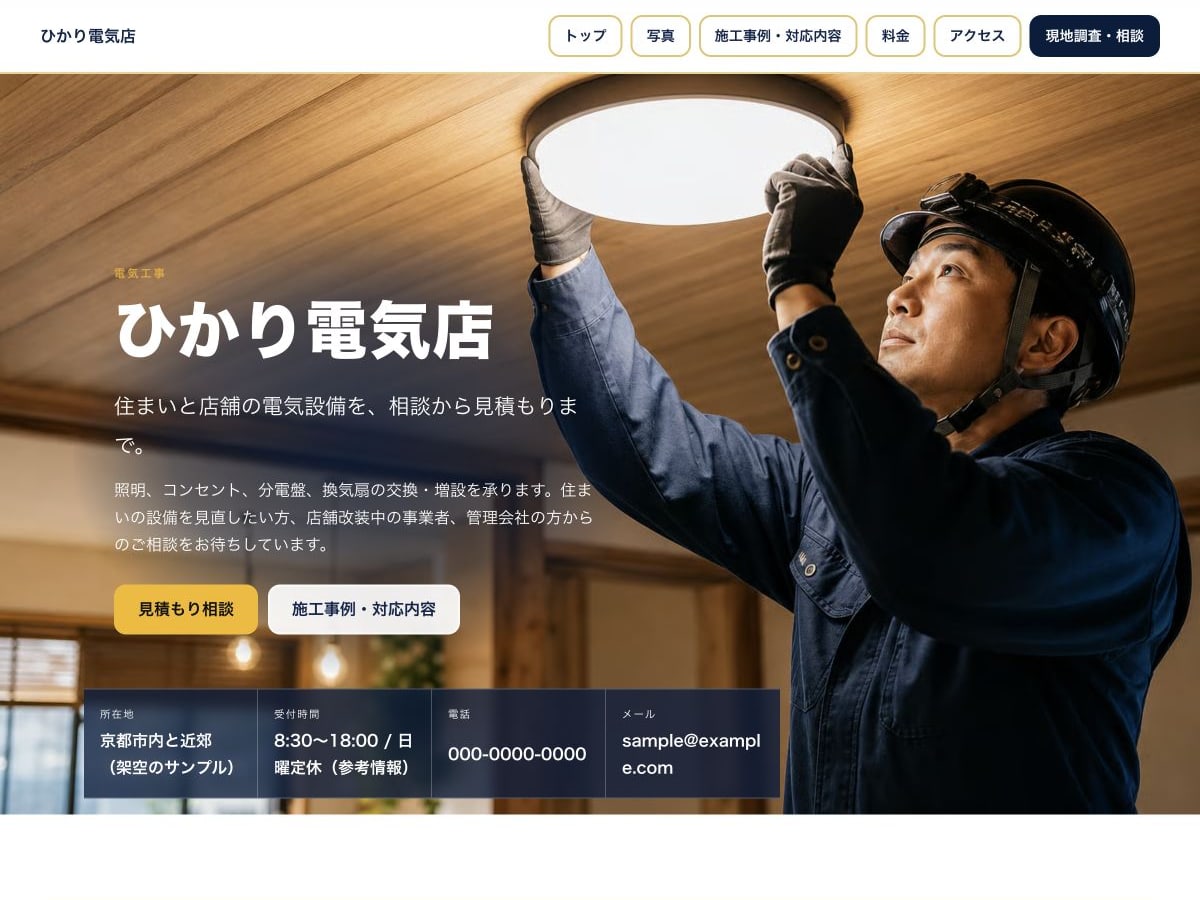 電気工事店向けホームページの構成とデザインが分かるサンプル画面