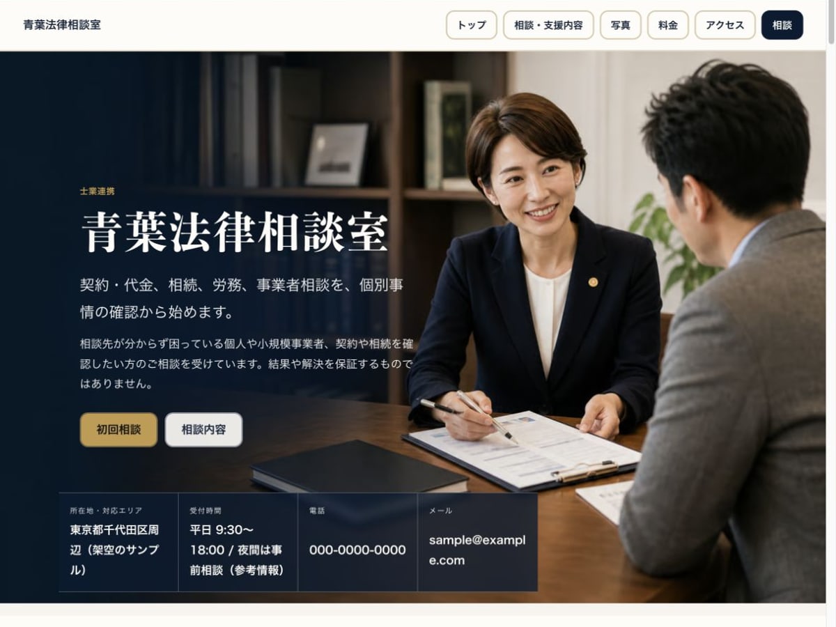 法律事務所向けホームページの構成とデザインが分かるサンプル画面