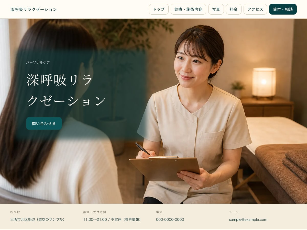 リラクゼーション向けサンプルサイトの画面