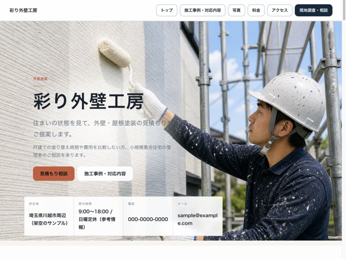 外壁塗装向けホームページの構成とデザインが分かるサンプル画面
