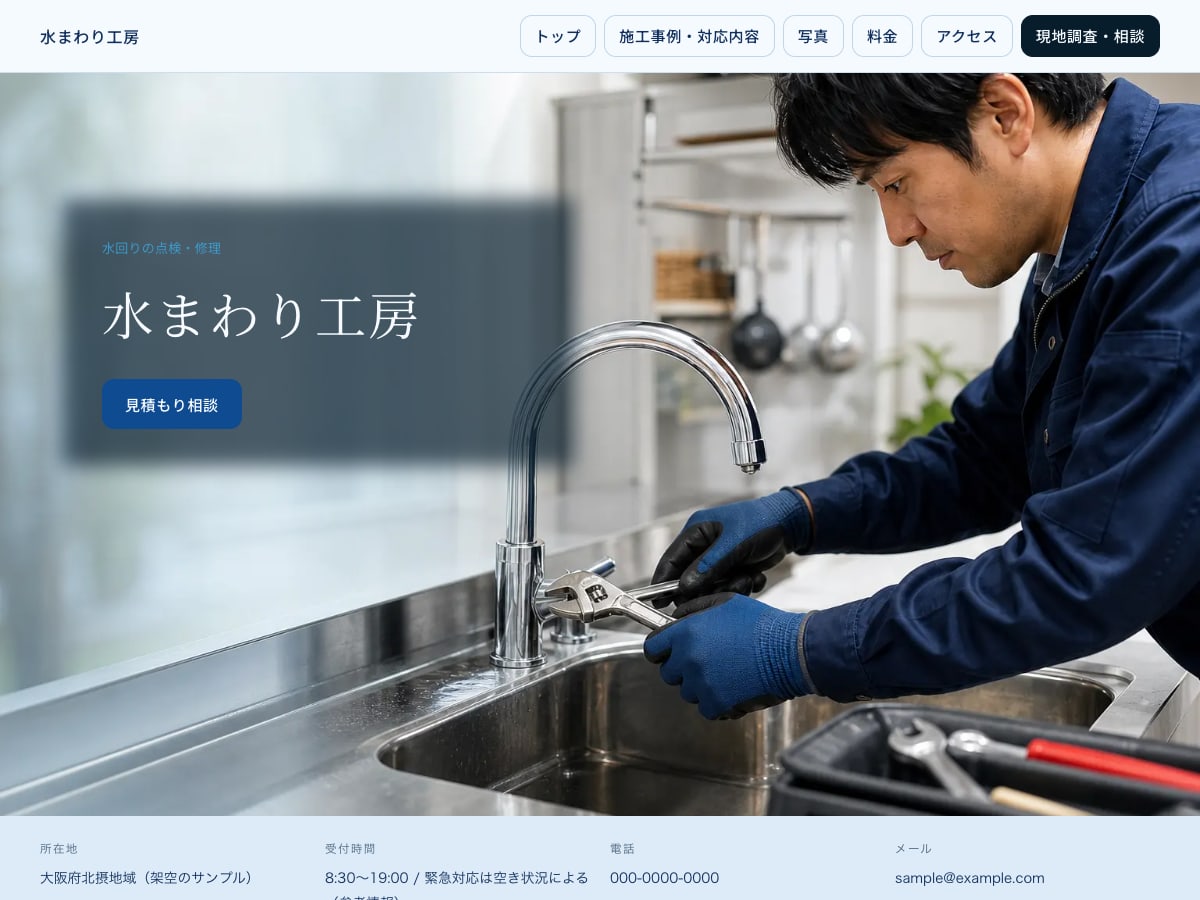 水まわり修理向けサンプルサイトの画面