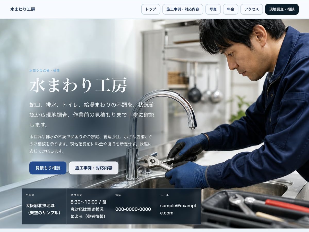 水まわり修理向けホームページの構成とデザインが分かるサンプル画面