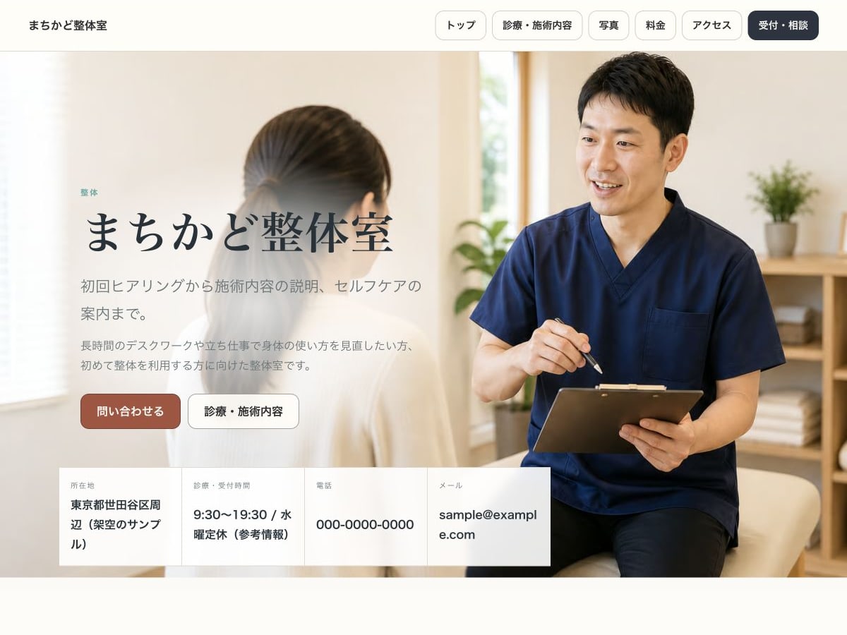 整体院向けホームページの構成とデザインが分かるサンプル画面