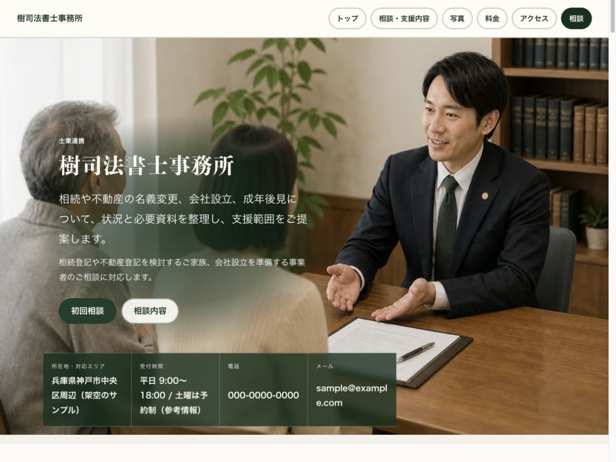 司法書士事務所向けホームページの構成とデザインが分かるサンプル画面