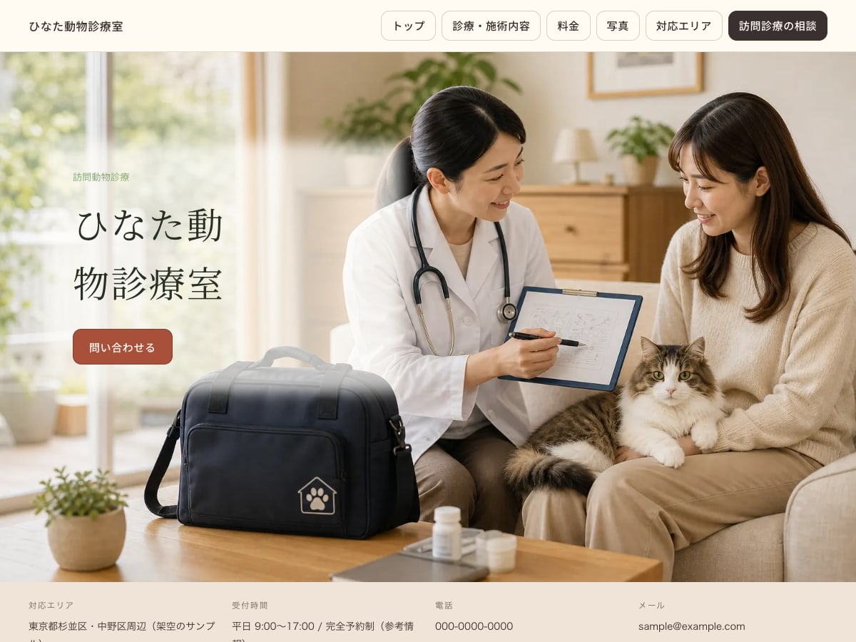 訪問動物診療向けサンプルサイトの画面
