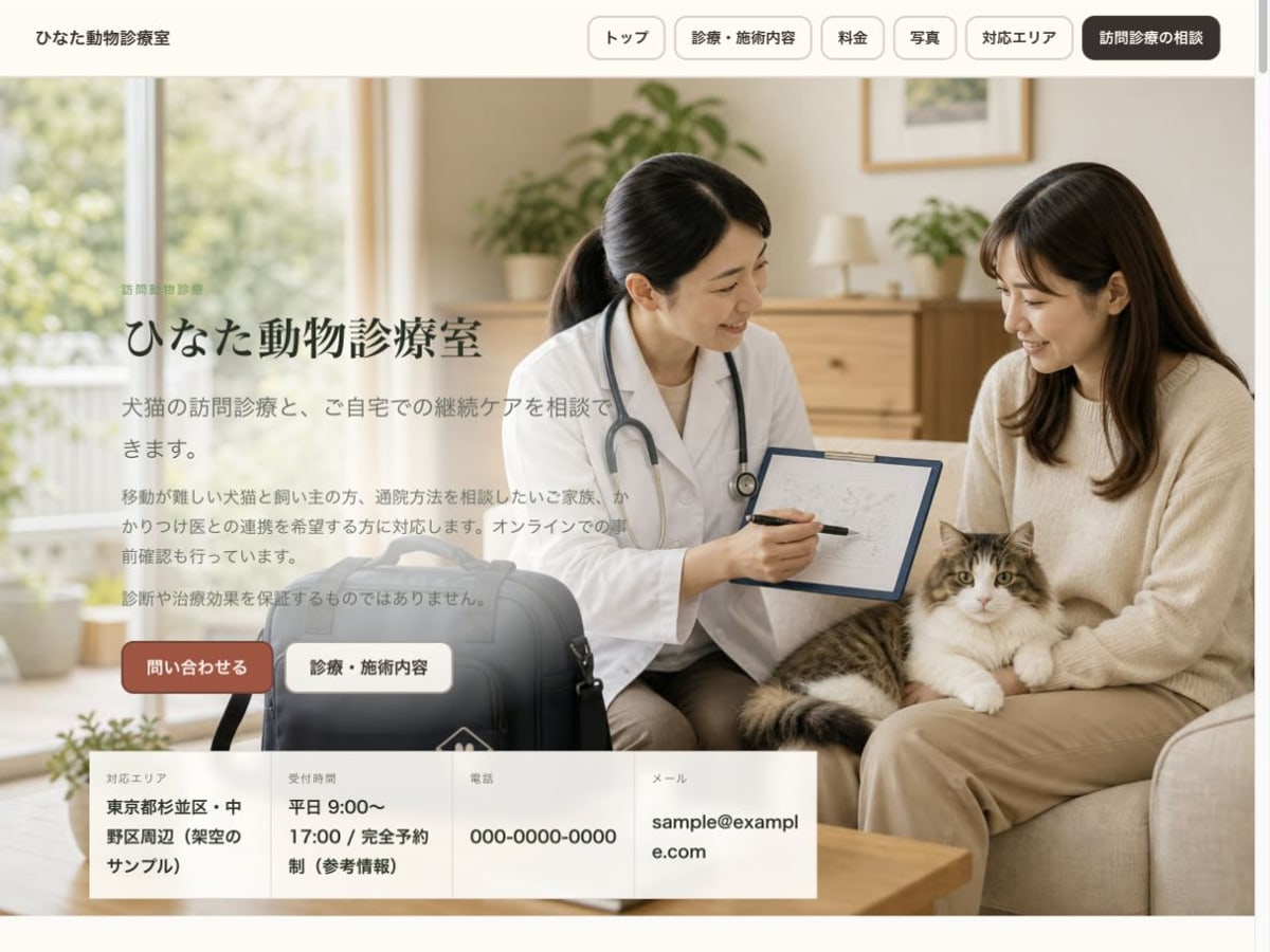 訪問動物診療向けホームページの構成とデザインが分かるサンプル画面