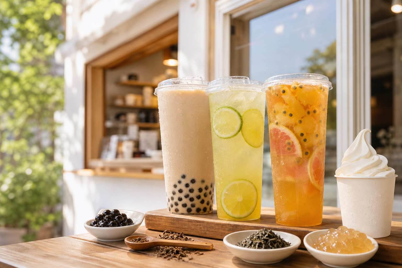 一二奶茶店の明るい受け渡し口と看板ドリンク