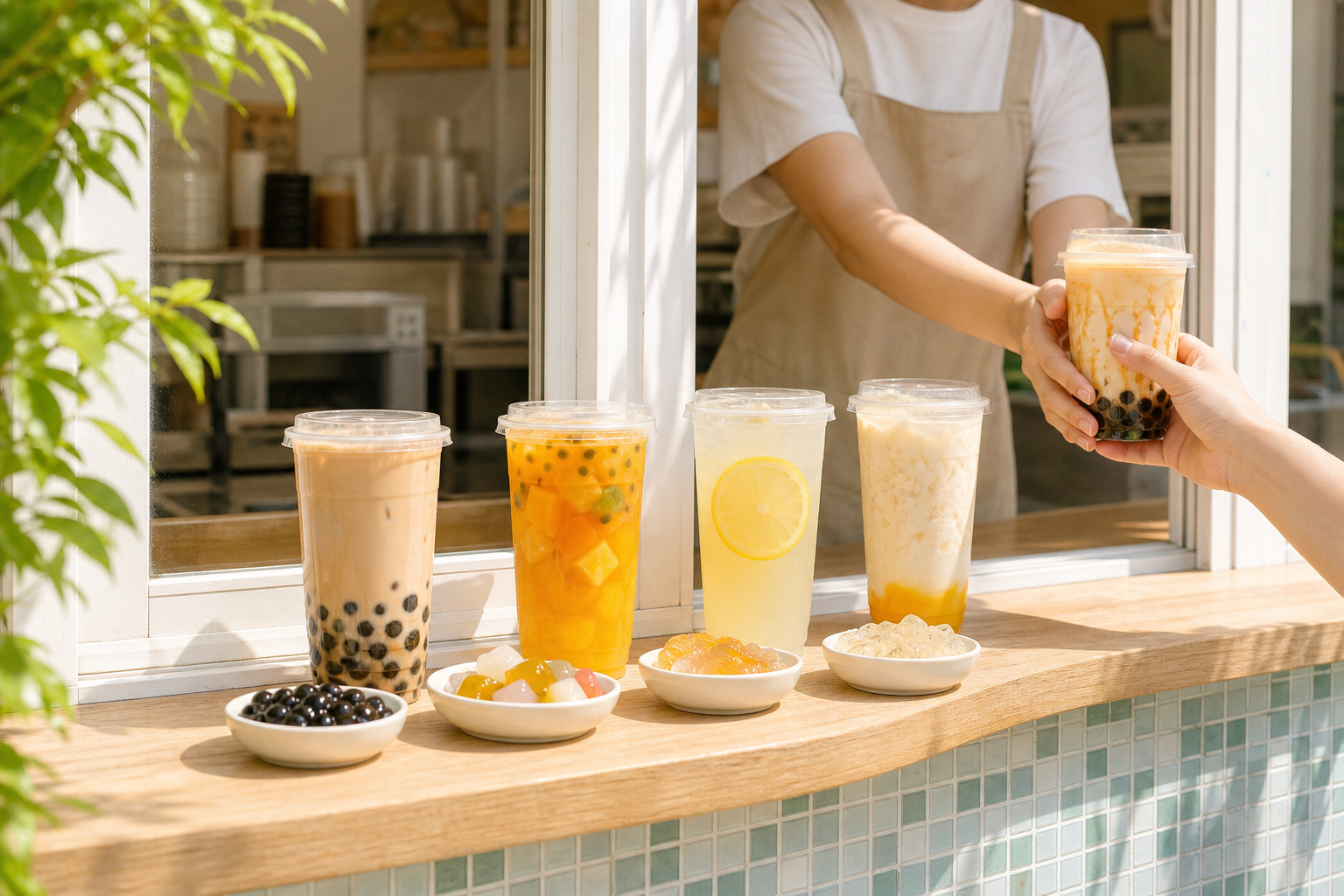 一二奶茶店の受け渡し口でドリンクを受け取る様子